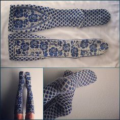 two pictures of gloves with blue and white designs on them