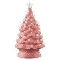 a pink ceramic christmas tree with white lights