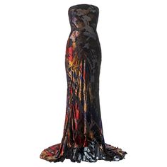 ▪ Christian Lacroix strapless evening dress ▪ Constructed from silk devoré; a fabric technique particularly used on velvets, where a mixed-fibre material undergoes a chemical process to dissolve the cellulose fibres to create a semi-transparent pattern against more solidly woven fabric ▪ Built-in corset and waist-stay ▪ Floor-length skirt with contrast patterned underlay and train ▪ Size FR 40 - UK 12 - US 8 ▪ Fall-Winter 2002 ▪ Made in France All photographs in this listing EXCLUDING any refere Elegant Multicolor Strapless Evening Dress, Fancy Frocks, Strapless Evening Dress, Glam Dresses, Christian Lacroix, Semi Transparent, Event Dresses, Pretty Dresses, Silk Dress