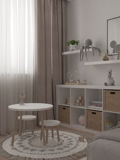 Olive on Behance Playroom Small Space, Small Toddler Room Ideas, Nursery Toy Storage, Kallax Kids Room, Todler Room, Kids Room Girl, Neutral Playroom, Window Seat Ideas, Baby Girls Room