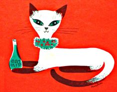 a painting of a white cat with green eyes sitting next to a wine bottle on a red background