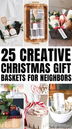 25 Creative Christmas Gift Baskets for Neighbors Gift Baskets For Christmas Family, Christmas Basket Neighbor, What To Put In A Gift Box Ideas, Neighbor Christmas Basket, Diy Gift Baskets Christmas, Neighbor Christmas Gift Basket Ideas, Creative Baskets For Gifts, Homemade Christmas Gifts Baskets, Holiday Present Ideas