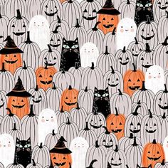 halloween pumpkins with black cats and ghost faces on them are featured in this seamless pattern