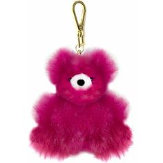 a pink teddy bear keychain with a white eye