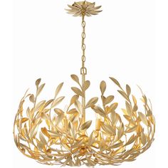 a gold chandelier with leaves hanging from it's center point, on a white background