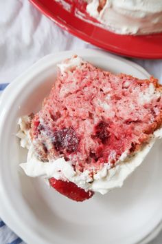 a piece of strawberry cake on a plate