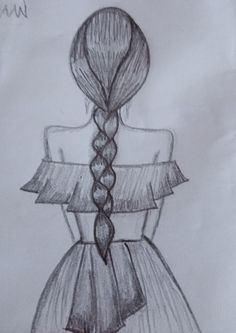 a drawing of a woman's back with long hair and braids in it