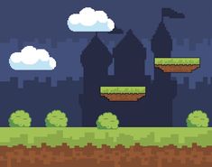 an image of a pixel art video game with clouds and trees in the background at night