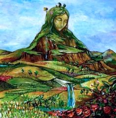 a painting of a woman standing in front of a mountain with flowers on the ground