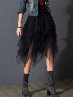 Black Casual Collar  Fabric Plain Asymmetrical Embellished Non-Stretch  Women Clothing Womens Tulle Skirt, Tule Rok, Gonna In Tulle, Tiered Tulle Skirt, Skirt Tutu, Skirt Tulle, Mid Calf Skirt, Overlay Skirt, Party Rock