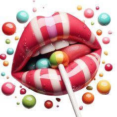 a candy lollypop with gums and candies on it's lips