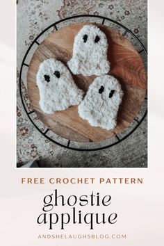 three crochet ghost appliques on a wooden plate with text overlay