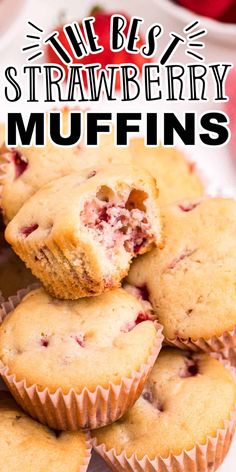 muffins stacked on top of each other with text overlay reading artisan strawberry muffins