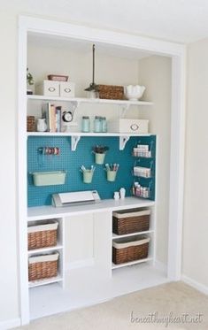 a room with shelves and baskets on the wall