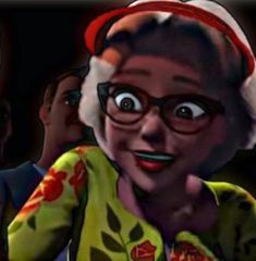 an animated woman wearing glasses and a santa hat