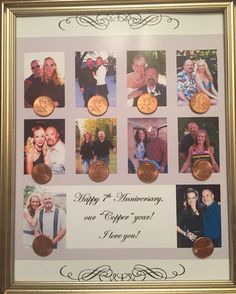 a framed photo with some coins on it and the words happy anniversary are written in cursive writing