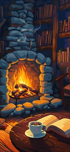 a cozy fireplace with books and a cup of coffee