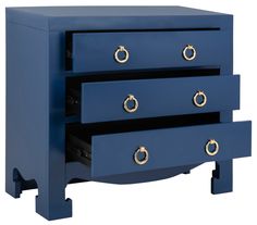 a blue dresser with three drawers and gold handles