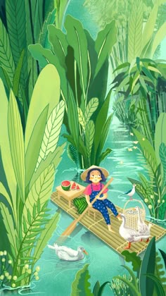 a woman sitting on top of a wooden raft in the middle of a river surrounded by green plants