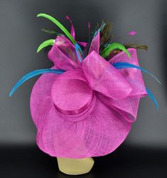 Handmade Wedding Hat With Structured Crown, Handmade Pinched Crown Hat For Wedding, Elegant Handmade Pink Hat, Handmade Purple Party Hat, Elegant Multicolor Short Brim Hat, Elegant Multicolor Hat-style Headpiece, Elegant Multicolor Hat Headpiece, Elegant Multicolor Brimmed Hat, Handmade Hats For Royal Ascot Party