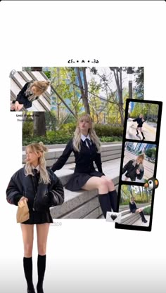 a collage of photos with two women in school uniforms and one is wearing black boots