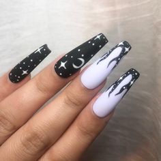 Flame Nails, Moons And Stars, Sunflower Nails, Short Coffin, Edgy Nails, Grunge Nails, Simple Acrylic Nails, Long Acrylic Nails Coffin, Almond Shape