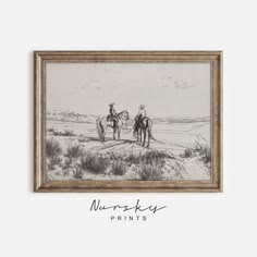 a drawing of two people riding horses in the desert