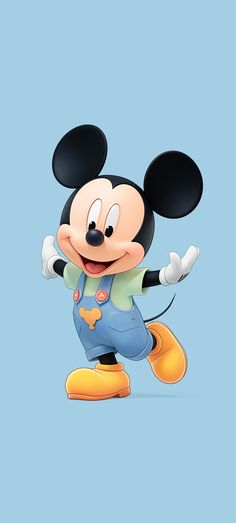 mickey mouse in overalls and yellow shoes with his arms spread out to the side