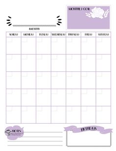 a printable calendar with flowers and ribbons on the front, in lavender tones for each month