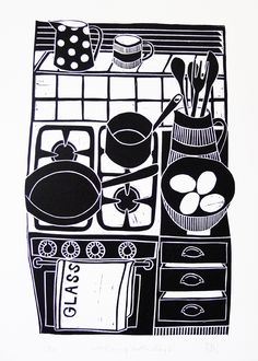 a black and white drawing of cooking utensils on a stove top with pots and pans