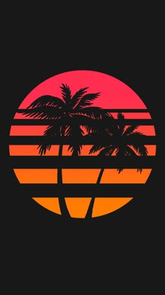 a sunset with two palm trees in the foreground and an orange sun behind it