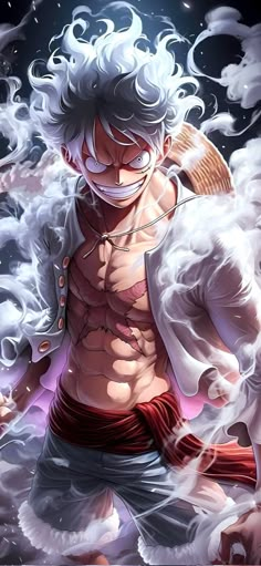 an anime character with white hair and no shirt on, standing in front of clouds