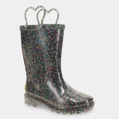 Embrace the joy of rainy days with our Abby Pearlized Glitter Hearts Lighted Multi-Colored Rain Boots for toddlers! Carefully crafted from 100% Waterproof PVC, these boots stand 7" tall (excluding handle), ensuring cozy and dry adventures. With a soft polyester lining and a removable insole, these boots provide ultimate comfort. The convenient pull handles encourage independent dressing, while the Everglitter infusion promises lasting sparkle without flaking. Plus, three dynamic full-action ligh Spring Outfits Kids, Boots Target, Boot Stand, Kids Rain, Spring Girl, Heart Lights, Round Toe Shoes, Pull Handles, Glitter Hearts