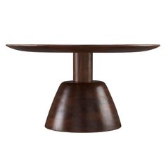 a wooden table with an oval shaped top and metal base, on a white background