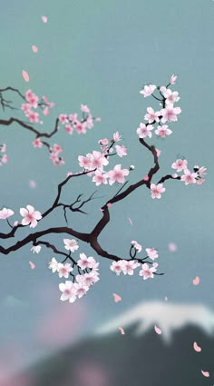 a painting of pink flowers on a tree branch with mountains in the backgroud