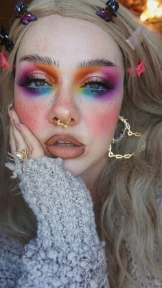 Girly Pop Makeup, Female Drag Makeup, Trans Pride Makeup, Fade Into Hue, Forklift Certified, Freckle Pen, Neon Eyeshadow, Fun Makeup