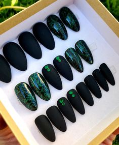 "Your order will contain a full set of press on nails (unless you're providing your nail sizes for custom sizing) with a combination of green nails with black lce, black nails and black nails with green rhinestones.  Pictured set is in regular almond. Lace nails are in glossy finish and rest of nails are in matte. SIZING- All nails are sold in a full set of 20 nails, with two of each size (0-9). I gladly accept customized sizing (10 nails) for 15% OFF with code \"CUSTOM\". Please include nail measurements(in millimeter, or mm, NO size number please) in NOTE TO SELLER section with custom size orders. This is because sizes of nail tips from different manufacturers might be slightly different, and I'd like to make sure my nails are a perfect fit for you. NAILS SHAPES & MEASUREMENT GUIDELINE- Nails With Green Rhinestones, Black Nails With Green, Nails For 15, Ongles Goth, Nail Art Noir, Nails With Green, Green Press On Nails, Black Ombre Nails, Nails With Black