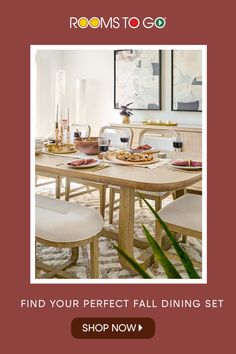 a dining room table with chairs and plates on it