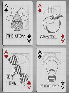 four playing cards with different symbols on them