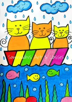 a drawing of three cats sitting on top of a boat in the water with fish