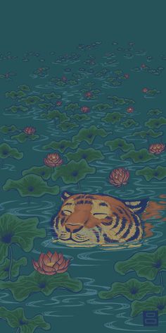 a tiger floating on top of water surrounded by lily pads