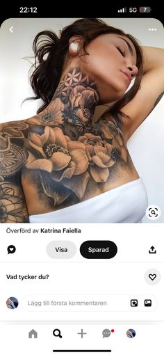 a woman with tattoos on her chest and arm is looking down at the viewer's phone