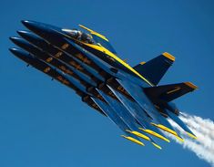 a blue and yellow fighter jet flying in the sky