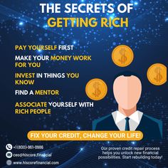 the secrets of getting rich poster with an image of a man in suit and tie