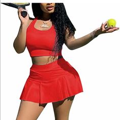 2 Piece Red Mini Skirt Set Made With Polyester . Plain Crop Top Set , Breathable, Soft And Stretch Sporty Women, Tennis Skirt Outfit, Shirt And Skirt, Vest Crop Top, Sports Vest, Skirt Sets, Sporty Look, American Women, Outfit Set