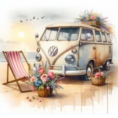 an old vw bus parked on the beach next to a deck chair and flowers