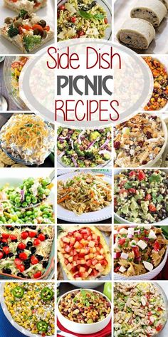 side dish picnic recipe collage with different types of salads and dips on plates