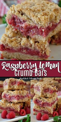 raspberry lemon crumb bars are stacked on top of each other and ready to be eaten