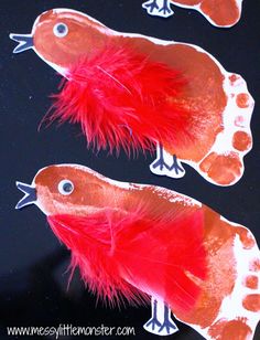 two red birds with feathers on them sitting on top of a black surface and one bird has its eyes open