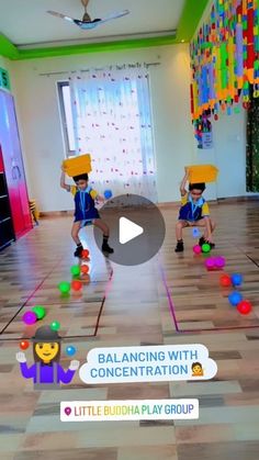 the children are playing with colorful balls on the floor and wearing costumes that look like legos